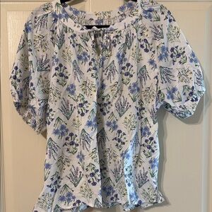 LOFT White Blouse with Blue & Green Floral Print